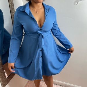 NEW“SASHA DRESS” GOOD QUALITY LONG SLEEVE BUTTON -UP STRETCHY BLUE FLARE DRESS